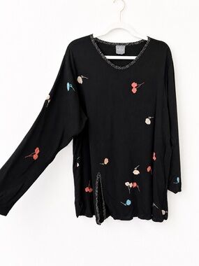 Stanley Gretzinger Ready Art to Wear Black Floral Top Artisan Lagenlook XL